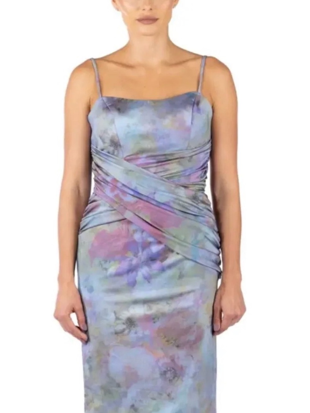 Rene Ruiz Collection Spaghetti Strap Cocktail Watercolor Ruched Slip Dress